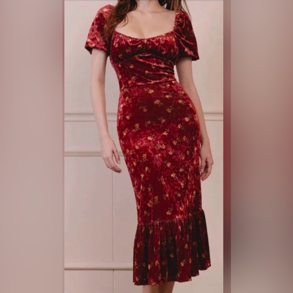 Red Velvet Floral Dress